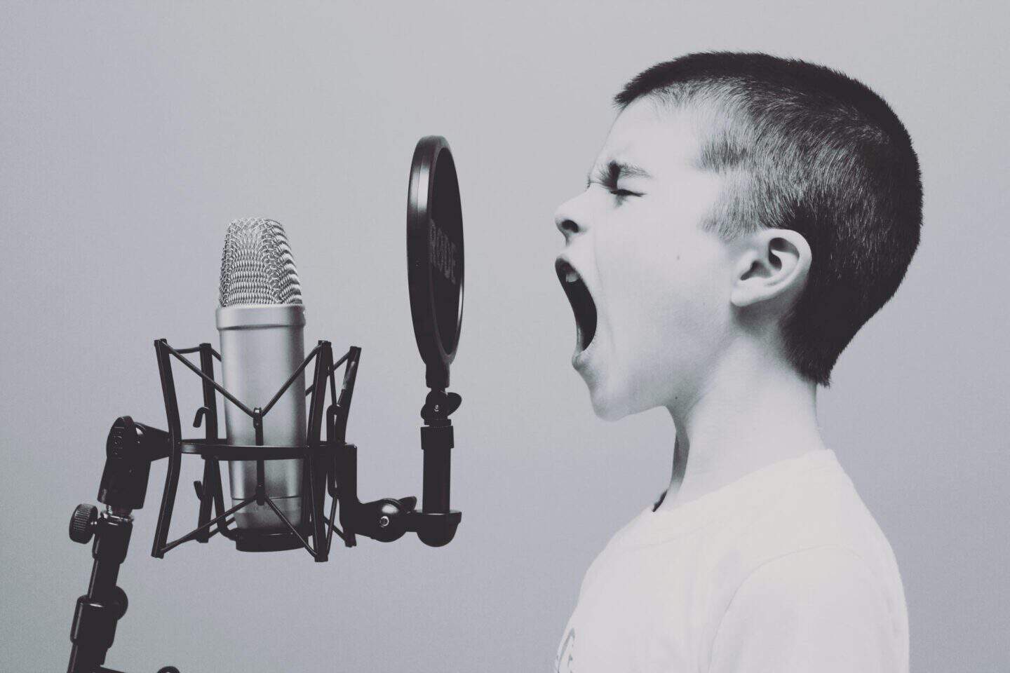 Image of a young boy shouting inti a microphone