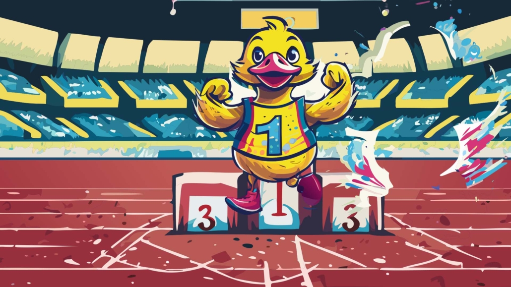 Cartoon image of a rubber duck winning a running race