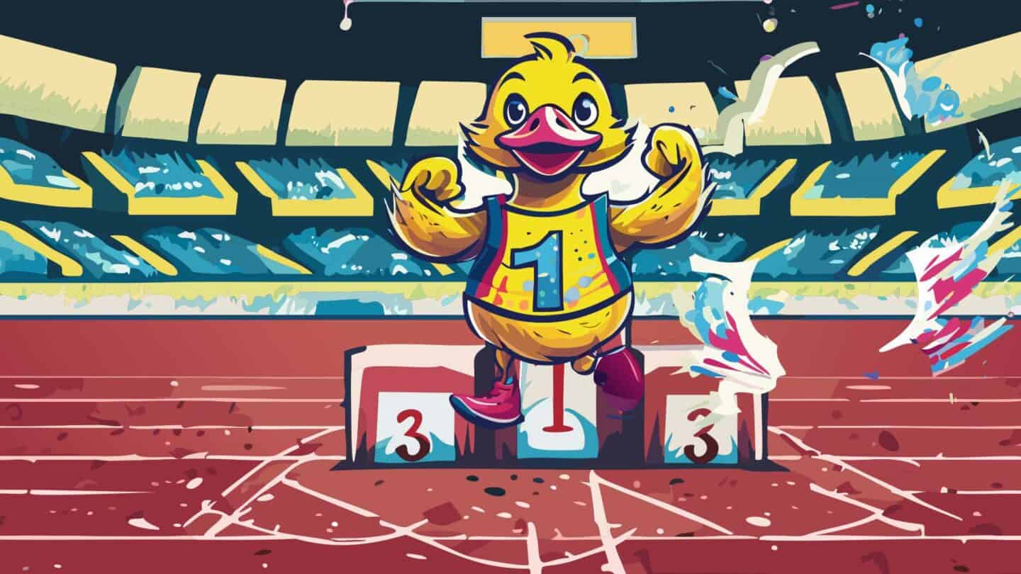 Cartoon image of a rubber duck winning a running race