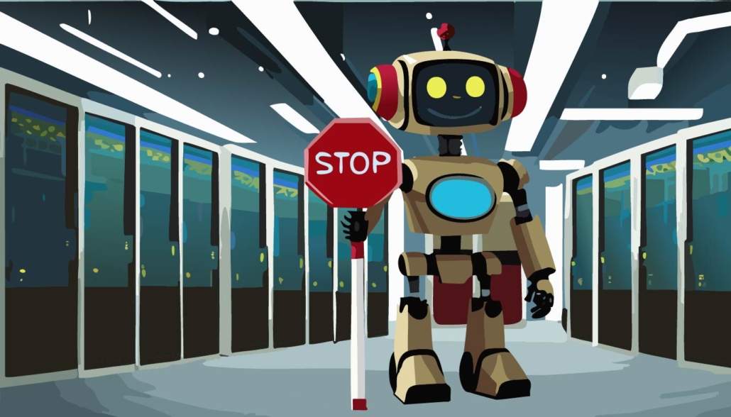 A cartoon of a friendly robot with a smile, holding a stop sign and standing in front of server racks