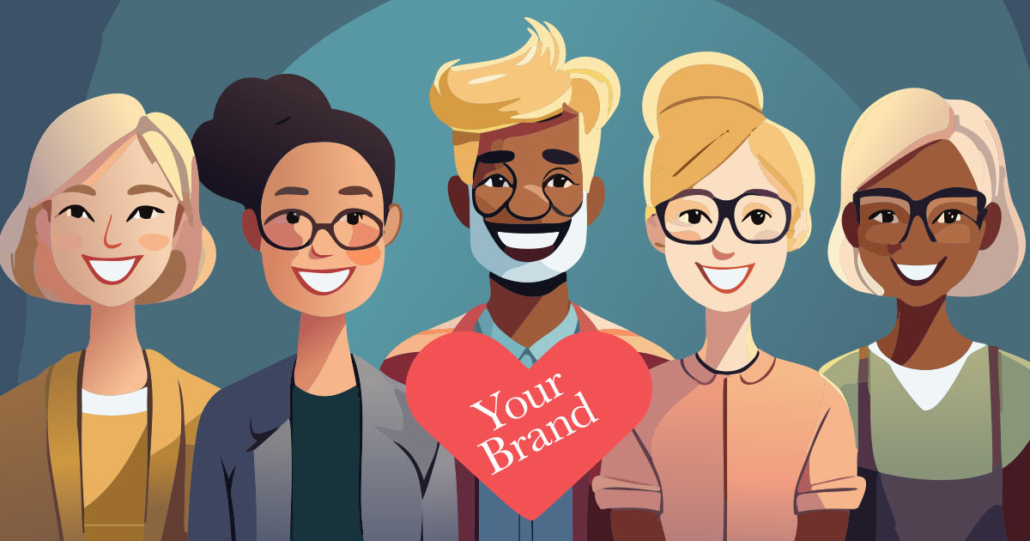 Cartoon image of several people smiling and showing their love of a brand