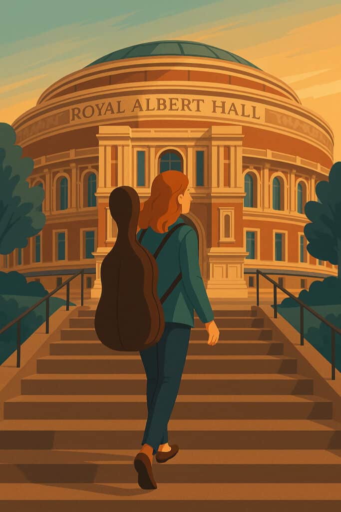A cartoon of a musician walking up the steps of the Albert Hall