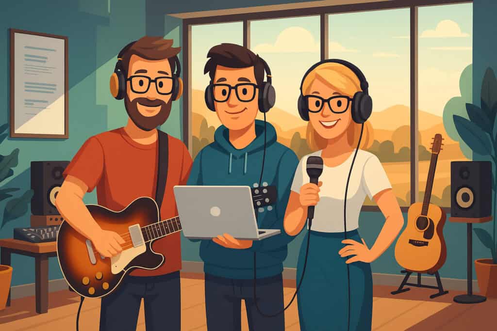 A cartoon image of a producer and two musicians in a studio