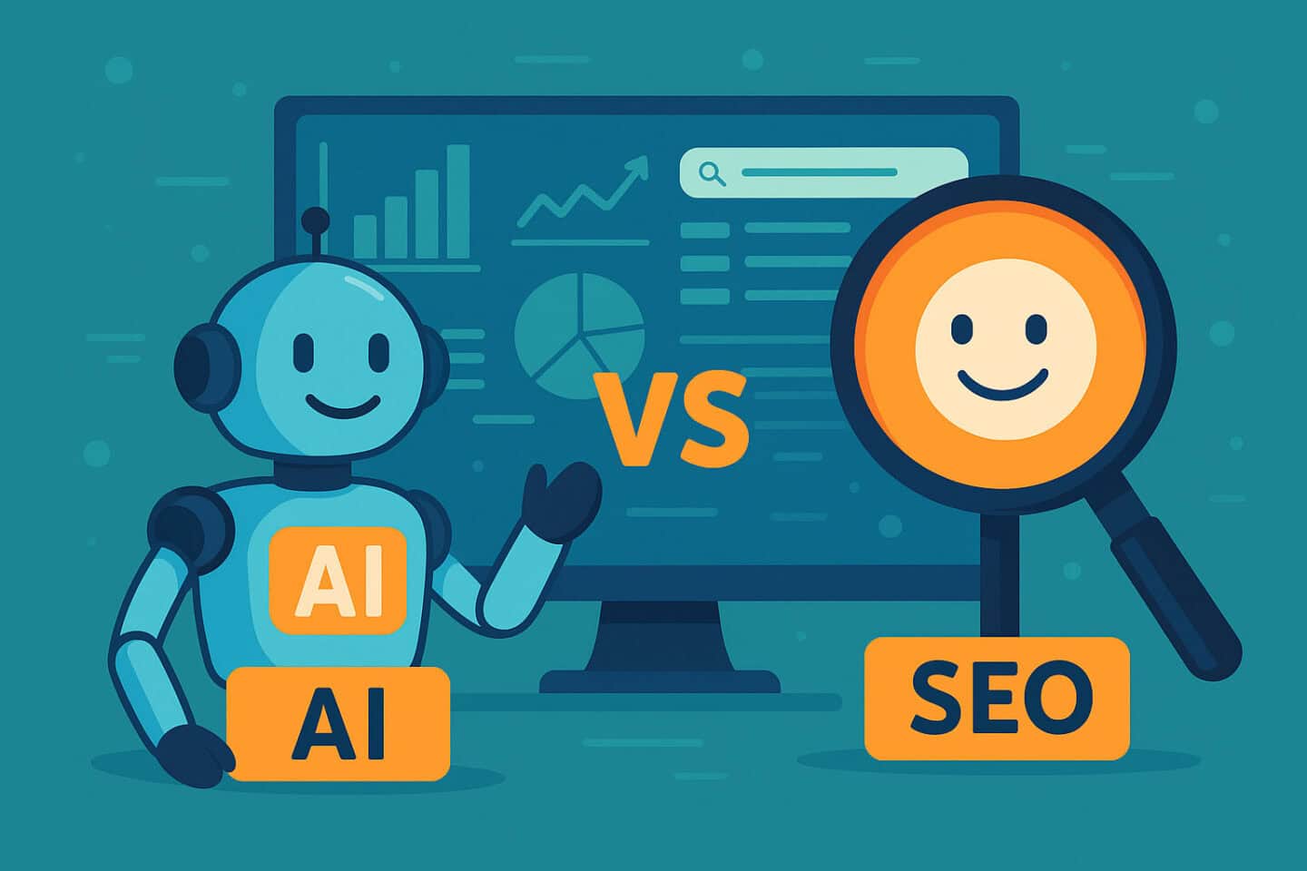 A cartoon style illustration of an AI bot versus a smiley face SEO asking the question is AI killing SEO