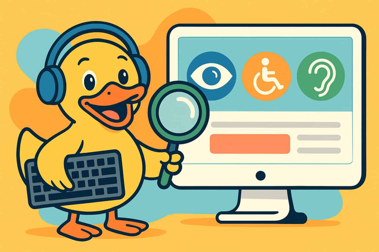 A cartoon image of a rubber duck holding a spy glass checking a site to make sure it is fully accessible